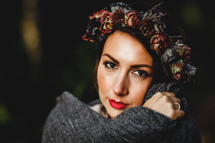 Flower Crown Bride Bridal Eustoma Mimosa Red Make Up Beauty Cosy Autumn Woodland Tipi Wedding Ideas http://hbaphotography.com/