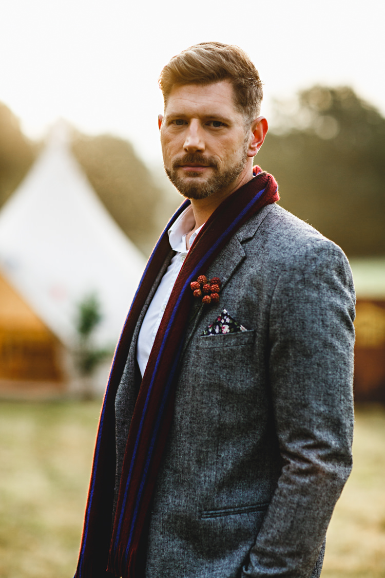 Groom Scarf Grey Wool Suit Style Outfit Cosy Autumn Woodland Tipi Wedding Ideas http://hbaphotography.com/