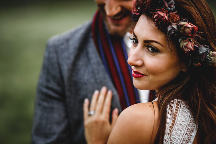 Flower Crown Bride Bridal Eustoma Mimosa Red Make Up Beauty Cosy Autumn Woodland Tipi Wedding Ideas http://hbaphotography.com/