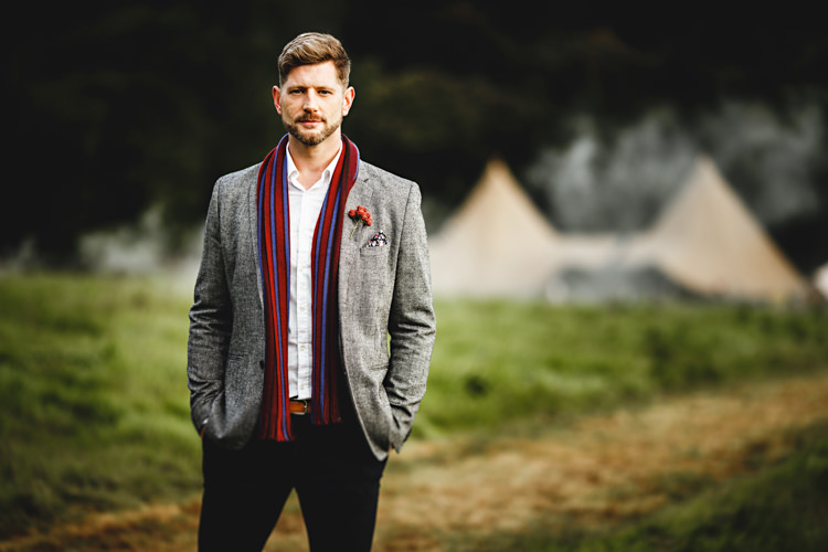 Groom Scarf Grey Wool Suit Style Outfit Cosy Autumn Woodland Tipi Wedding Ideas http://hbaphotography.com/