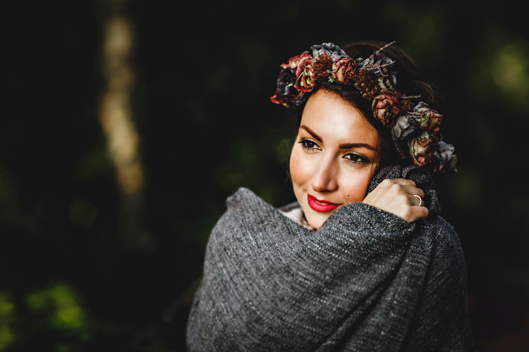 Flower Crown Bride Bridal Eustoma Mimosa Red Make Up Beauty Cosy Autumn Woodland Tipi Wedding Ideas http://hbaphotography.com/