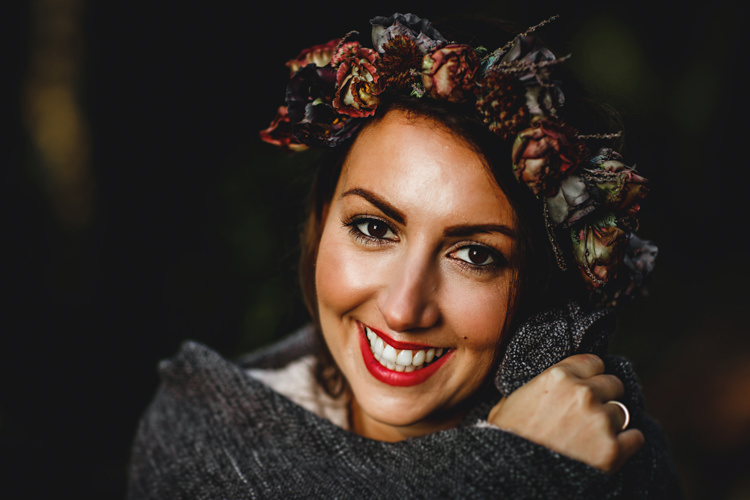 Flower Crown Bride Bridal Eustoma Mimosa Red Make Up Beauty Cosy Autumn Woodland Tipi Wedding Ideas http://hbaphotography.com/