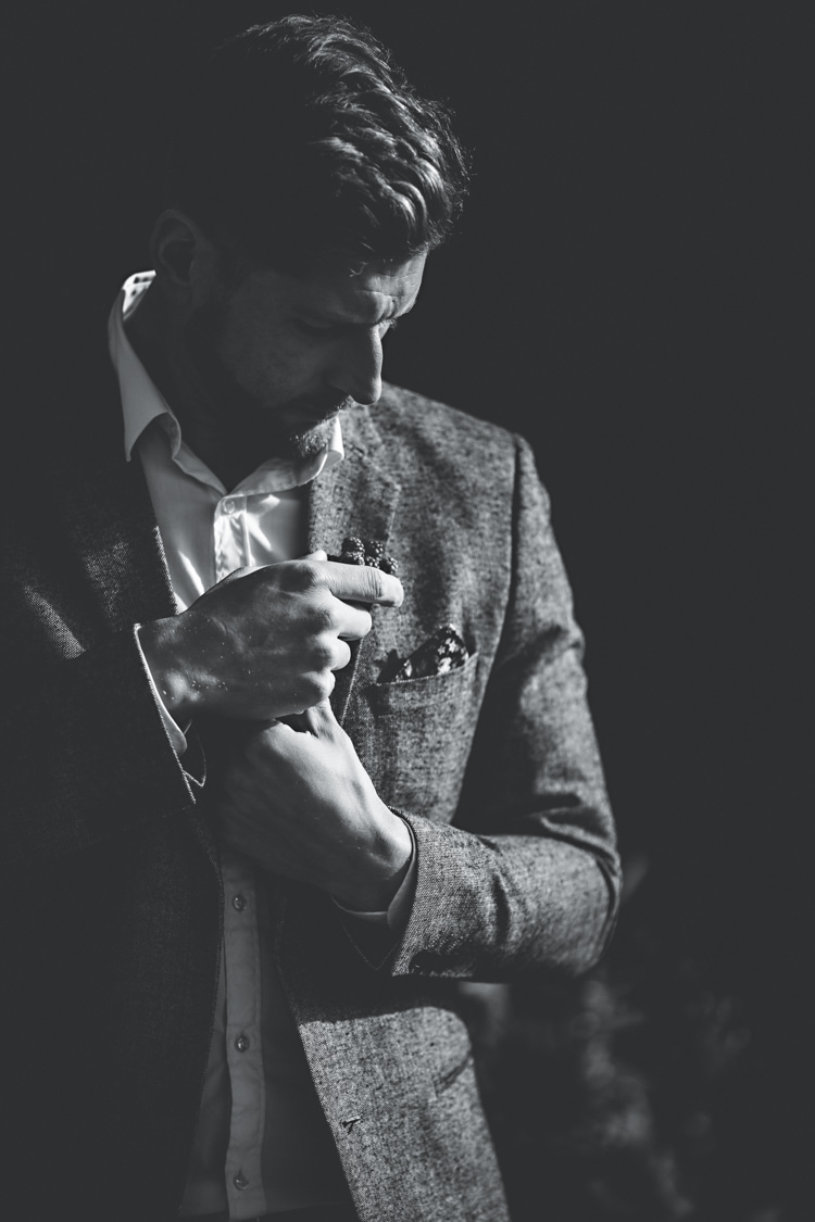 Groom Grey Wool Suit Style Outfit Cosy Autumn Woodland Tipi Wedding Ideas http://hbaphotography.com/
