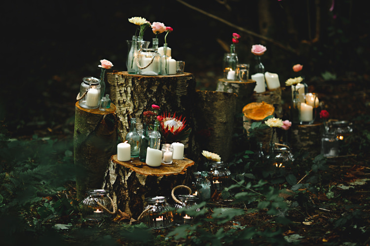 Log Tree Stumps Flowers Candles Cosy Autumn Woodland Tipi Wedding Ideas http://hbaphotography.com/