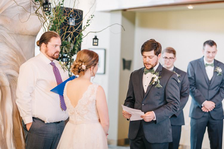 Bride Groom Bow Tie Floaty Dress Gown Blush Lace Scoop Back Buttons Updo Bouquet Greenery Purples Blush Pink Roses Thistle Kiss Ceremony Groomsmen Outdoorsy Modern Wedding in Wisconsin http://www.mcnielphotography.com/