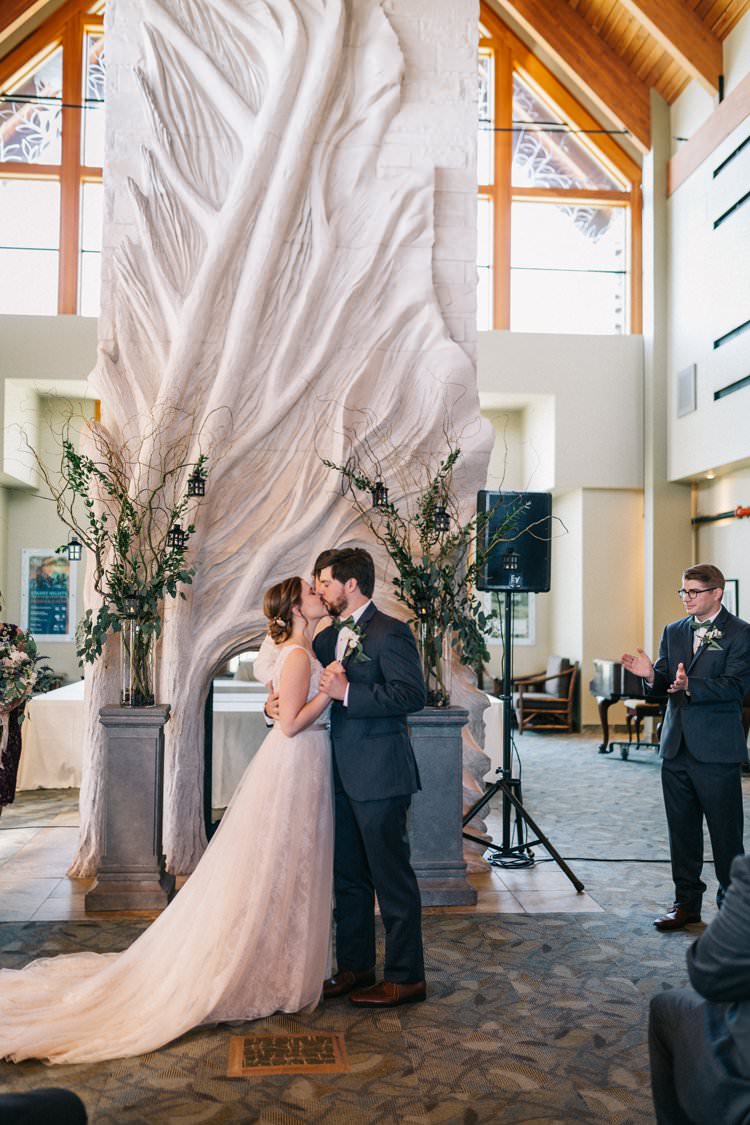 Bride Groom Bow Tie Floaty Dress Gown Blush Lace Scoop Back Buttons Updo Bouquet Greenery Purples Blush Pink Roses Thistle Kiss Ceremony Outdoorsy Modern Wedding in Wisconsin http://www.mcnielphotography.com/
