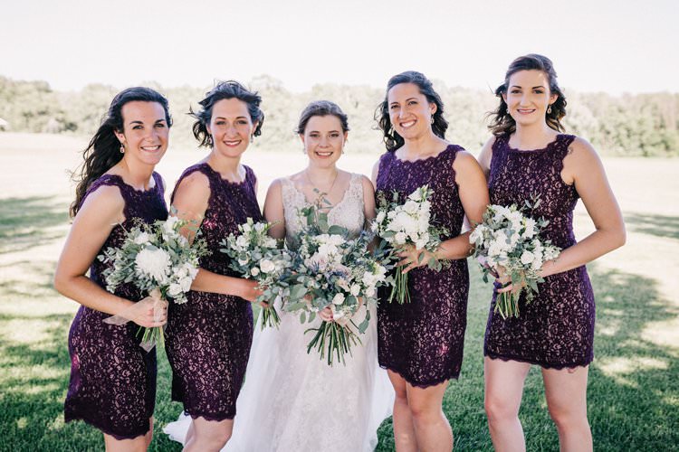 Bride Updo Lace Dress Floaty Bouquet Blush Roses Purple Thistle Bridesmaids Sparkle Sleeveless Outdoorsy Modern Wedding in Wisconsin http://www.mcnielphotography.com/