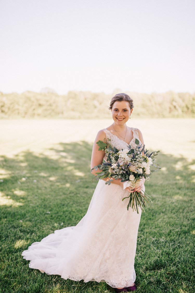 Bride Updo Lace Dress Floaty Bouquet Blush Roses Purple Thistle Outdoorsy Modern Wedding in Wisconsin http://www.mcnielphotography.com/