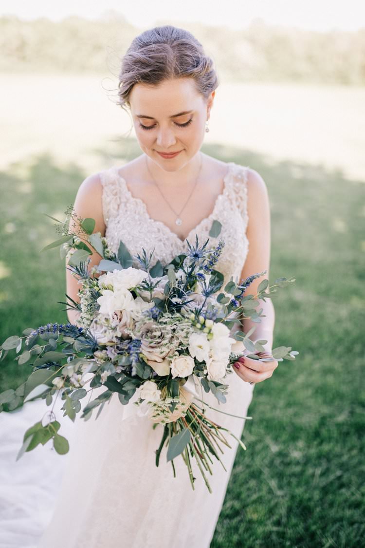 Bride Updo Lace Dress Floaty Bouquet Blush Roses Purple Thistle Outdoorsy Modern Wedding in Wisconsin http://www.mcnielphotography.com/