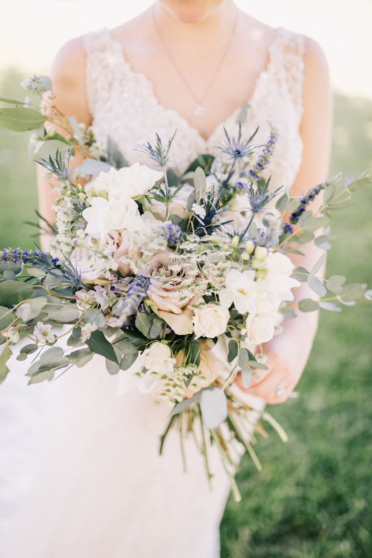 Bouquet Roses Purple Pink Blush Thistle Greenery Bride Dress Lace Outdoorsy Modern Wedding in Wisconsin http://www.mcnielphotography.com/