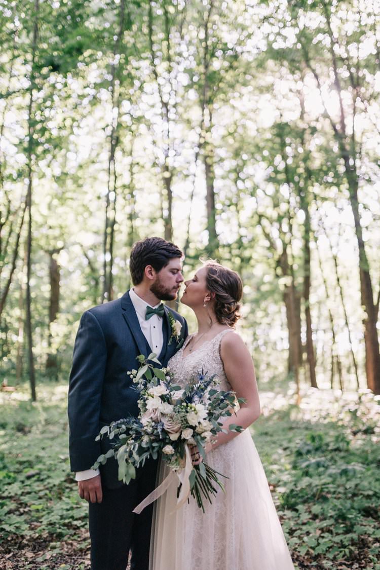 Bride Groom Bow Tie Floaty Dress Gown Blush Lace Scoop Back Buttons Updo Bouquet Greenery Purples Blush Pink Roses Thistle Forest Outdoorsy Modern Wedding in Wisconsin http://www.mcnielphotography.com/