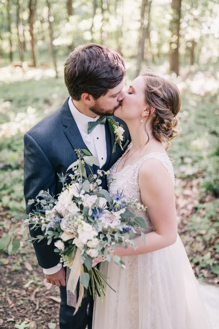 Bride Groom Bow Tie Floaty Dress Gown Blush Lace Scoop Back Buttons Updo Bouquet Greenery Purples Blush Pink Roses Thistle Outdoorsy Modern Wedding in Wisconsin http://www.mcnielphotography.com/
