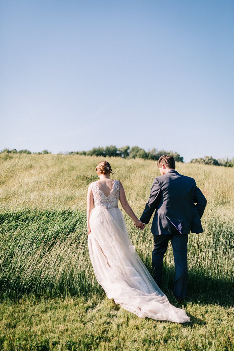 Bride Groom Bow Tie Floaty Dress Gown Blush Lace Scoop Back Buttons Updo Outdoorsy Modern Wedding in Wisconsin http://www.mcnielphotography.com/