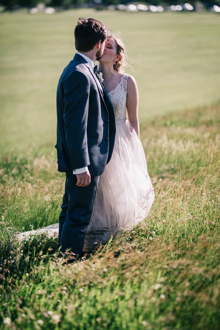 Bride Groom Bow Tie Floaty Dress Gown Blush Lace Scoop Back Buttons Updo Outdoorsy Modern Wedding in Wisconsin http://www.mcnielphotography.com/