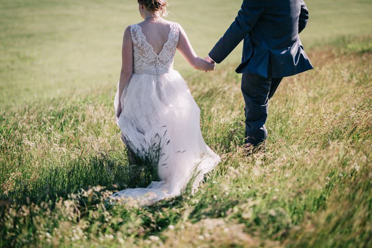 Bride Groom Bow Tie Floaty Dress Gown Blush Lace Scoop Back Buttons Updo Outdoorsy Modern Wedding in Wisconsin http://www.mcnielphotography.com/