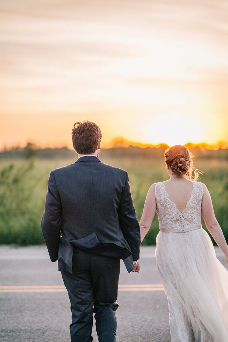 Bride Groom Bow Tie Floaty Dress Gown Blush Lace Scoop Back Buttons Sunset Updo Outdoorsy Modern Wedding in Wisconsin http://www.mcnielphotography.com/