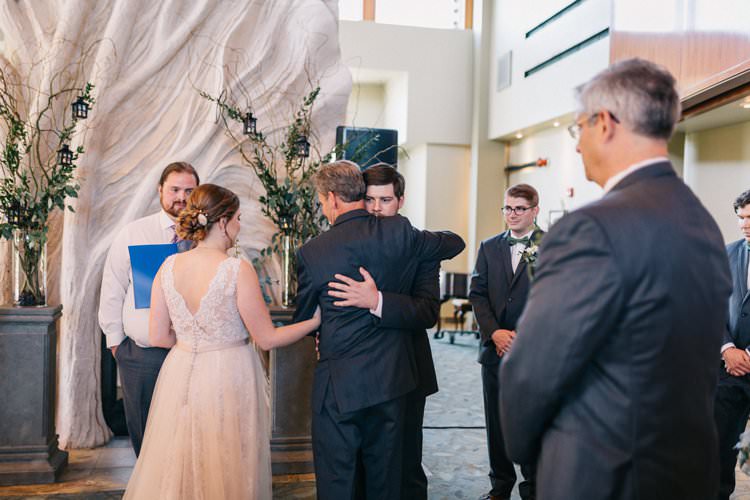 Bride Groom Bow Tie Floaty Dress Gown Blush Lace Scoop Back Buttons Updo Bouquet Greenery Purples Blush Pink Roses Thistle Kiss Ceremony Outdoorsy Modern Wedding in Wisconsin http://www.mcnielphotography.com/