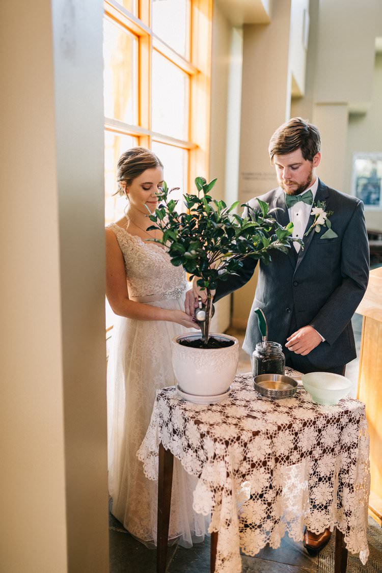 Bride Groom Bow Tie Floaty Dress Gown Blush Lace Scoop Back Buttons Updo Bouquet Greenery Purples Blush Pink Roses Thistle Ceremony Tree Planting Outdoorsy Modern Wedding in Wisconsin http://www.mcnielphotography.com/