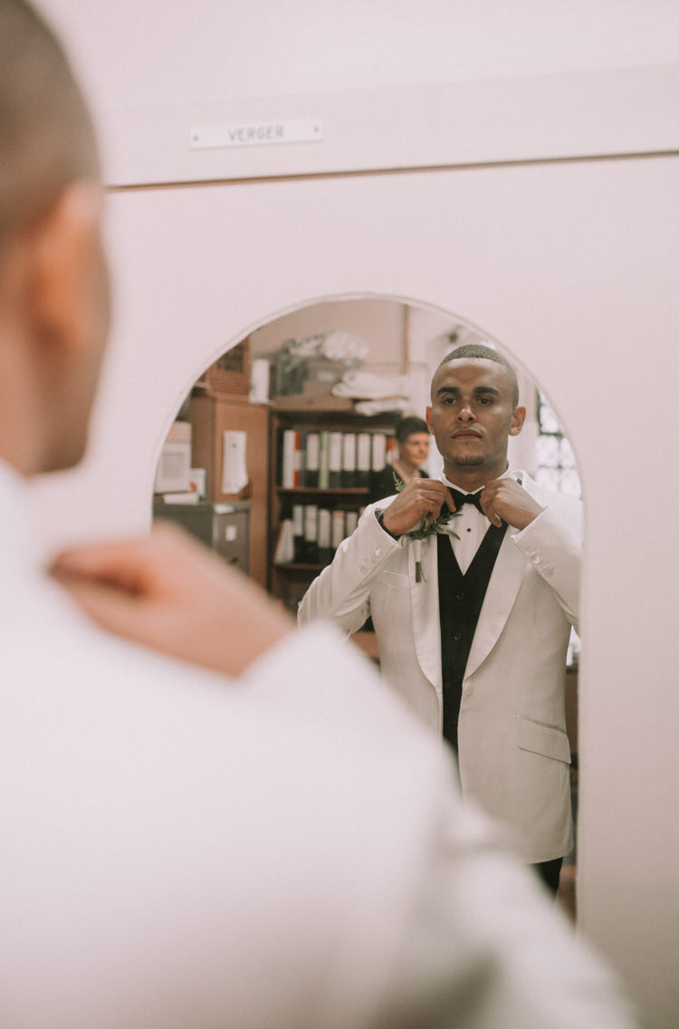 Groom Jacket Tuxedo Bow Tie Elegant White Marquee Lavender Fields Wedding http://natalyjphotography.com/