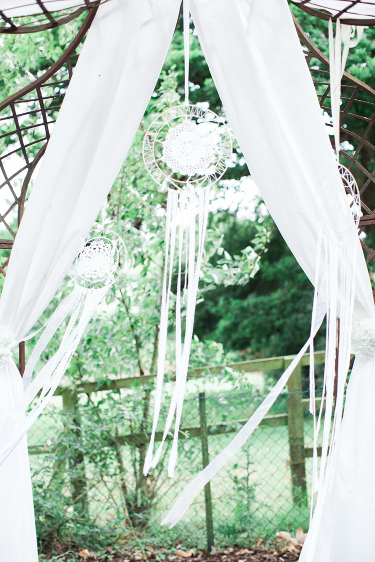 Arch Arbour Ceremony Fabric Drapes Dream Catchers Fresh Modern Countryside Outdoor Wedding https://www.nikkismoments.com/