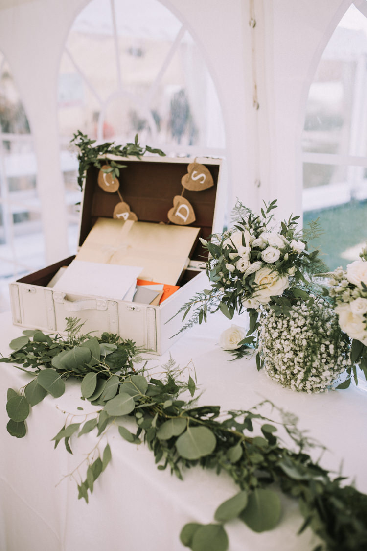 Card Suitcase Garland Greenery Swag Elegant White Marquee Lavender Fields Wedding http://natalyjphotography.com/