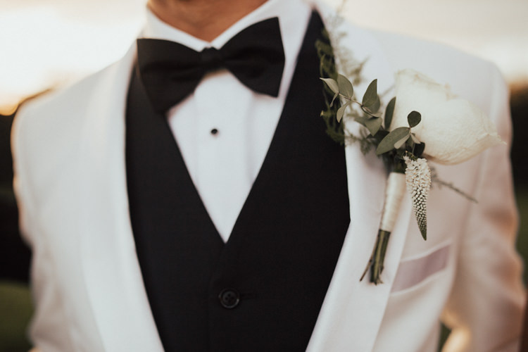Greenery Rose Buttonhole Groom Bow Tie Elegant White Marquee Lavender Fields Wedding http://natalyjphotography.com/