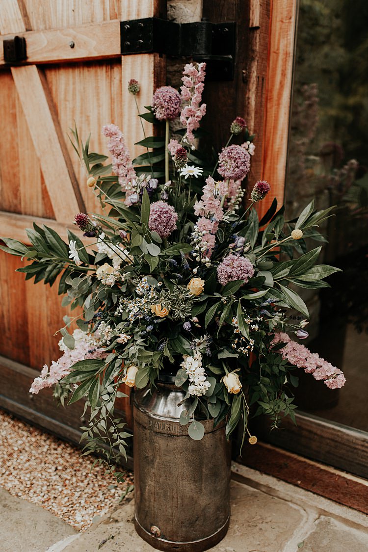 Flowers Metal Urn Milk Church Natural Beautiful Simple Relaxed Barn Wedding http://jenmarino.com/