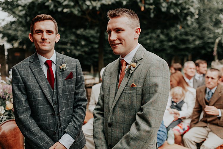 Check Suits Groom Best Man Orange Tie Beautiful Simple Relaxed Barn Wedding http://jenmarino.com/