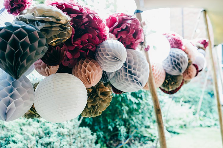 Lanterns Honeycomb Balls Pom Poms Decor Whimsical Stylish Burgundy Rose Gold Tent Wedding https://www.jakemorley.co.uk/