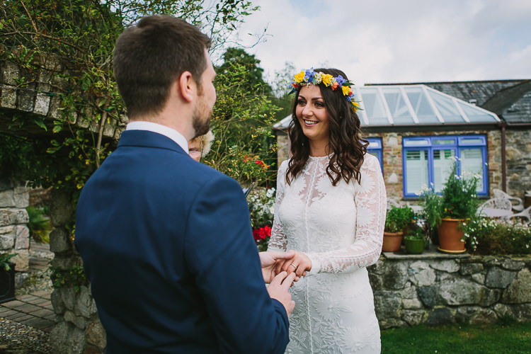 Bride Bridal Rue de Seine Dress Gown Lace Sweetheart Overlay Flower Crown Multicolour Wildflower Bouquet Sunflower Navy Three Piece Waistcoat Groom Orange Tie Small Colourful Cool Alternative Wedding https://www.alexapoppeweddingphotography.com/