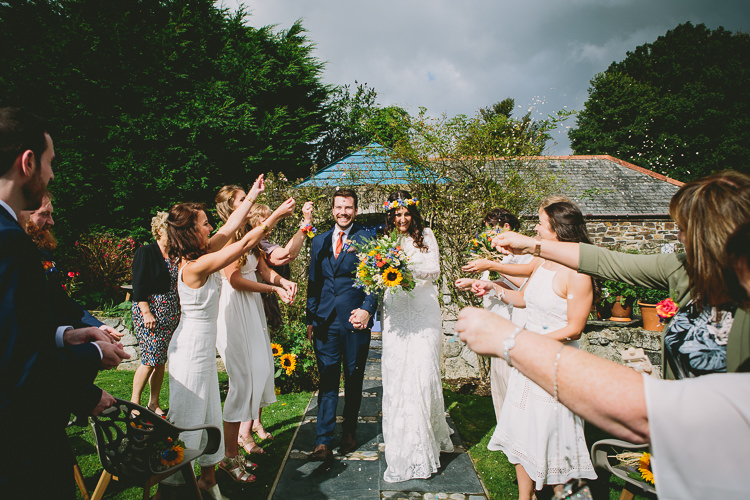 Bride Bridal Rue de Seine Dress Gown Lace Sweetheart Overlay Flower Crown Multicolour Wildflower Bouquet Sunflower Navy Three Piece Waistcoat Groom Orange Tie Confetti Small Colourful Cool Alternative Wedding https://www.alexapoppeweddingphotography.com/