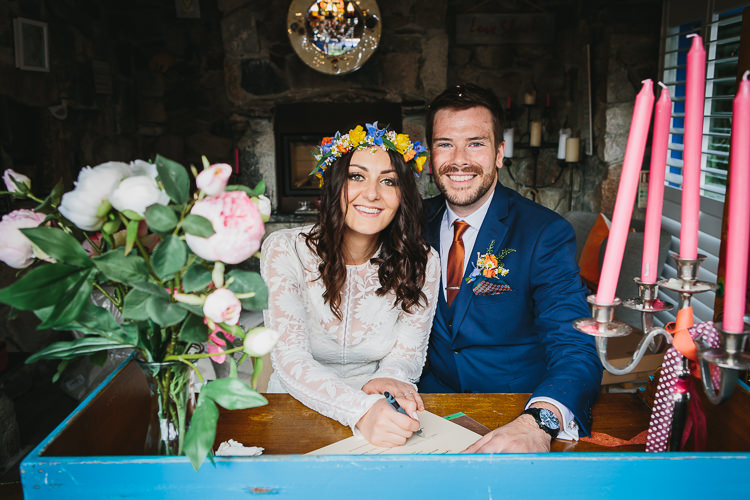 Bride Bridal Rue de Seine Dress Gown Lace Sweetheart Overlay Flower Crown Multicolour Wildflower Navy Three Piece Waistcoat Groom Orange Tie Small Colourful Cool Alternative Wedding https://www.alexapoppeweddingphotography.com/