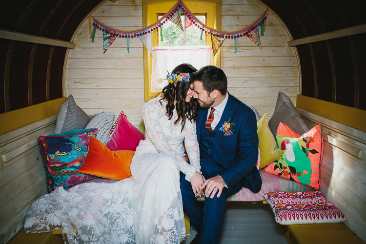 Bride Bridal Rue de Seine Dress Gown Lace Sweetheart Overlay Flower Crown Multicolour Wildflower Bouquet Sunflower Navy Three Piece Waistcoat Groom Orange Tie Gypsy Caravan Small Colourful Cool Alternative Wedding https://www.alexapoppeweddingphotography.com/