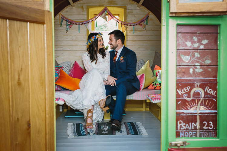 Bride Bridal Rue de Seine Dress Gown Lace Sweetheart Overlay Flower Crown Multicolour Wildflower Bouquet Sunflower Navy Three Piece Waistcoat Groom Orange Tie Gypsy Caravan Bunting Small Colourful Cool Alternative Wedding https://www.alexapoppeweddingphotography.com/