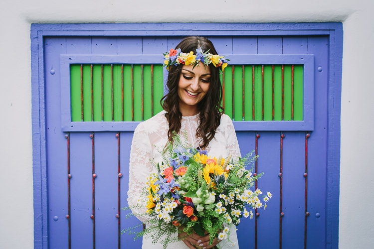 Bride Bridal Rue de Seine Dress Gown Lace Sweetheart Overlay Flower Crown Multicolour Wildflower Bouquet Sunflower Small Colourful Cool Alternative Wedding https://www.alexapoppeweddingphotography.com/