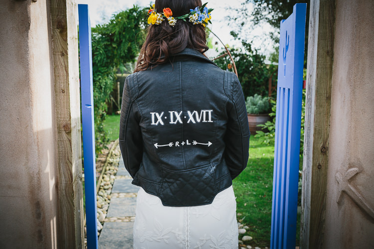 Bespoke Leather Jacket Bride Bridal Wedding Date Rue de Seine Flower Crown Small Colourful Cool Alternative Wedding https://www.alexapoppeweddingphotography.com/