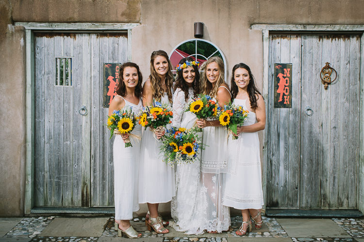 Bride Bridal Rue de Seine Dress Gown Lace Sweetheart Overlay Flower Crown Multicolour Wildflower Bouquet Sunflower White Bridesmaids Mismatched Small Colourful Cool Alternative Wedding https://www.alexapoppeweddingphotography.com/