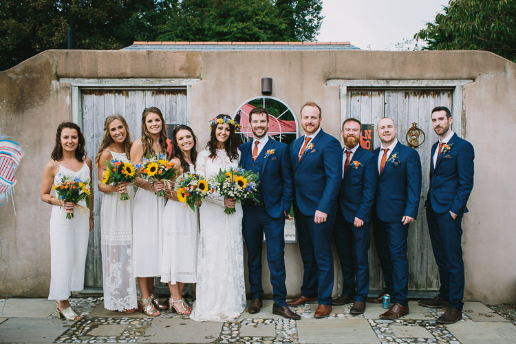 Bride Bridal Rue de Seine Dress Gown Lace Sweetheart Overlay Flower Crown Multicolour Wildflower Bouquet Sunflower Navy Three Piece Waistcoat Groom Orange Tie White Bridesmaids Mismatched Small Colourful Cool Alternative Wedding https://www.alexapoppeweddingphotography.com/