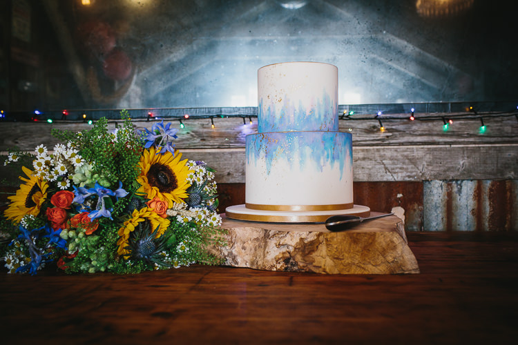 Bride Bridal Bouquet Wildflower Sunflower Multicolour Cake Wood Slice Watercolour Small Colourful Cool Alternative Wedding https://www.alexapoppeweddingphotography.com/