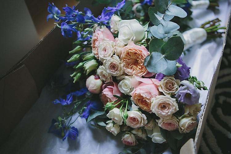 Bouquet Pink Blue Rose Peony Eucalyptus Pretty Country Gin Wedding http://www.victoriasomersethowphotography.co.uk/