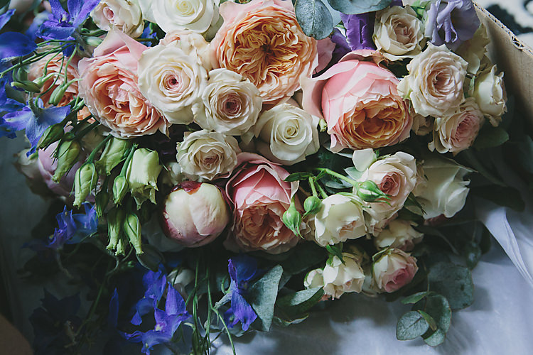 Bouquet Rose Peony Pink Blue Pretty Country Gin Wedding http://www.victoriasomersethowphotography.co.uk/