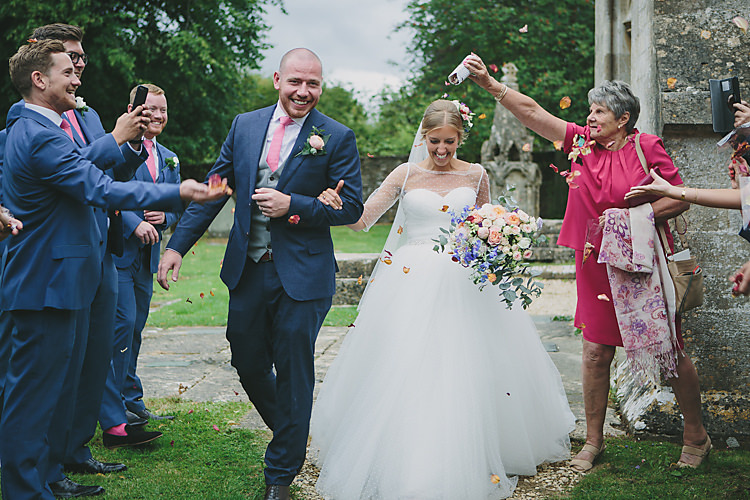 Confetti Bride Bridal Pronovias Gown Dress Sweetheart Neckline Princess Polka Dot Jacket Veil Suitsupply Groom Three Piece Waistcoat Navy Suit Grey Pink Tie Pretty Country Gin Wedding http://www.victoriasomersethowphotography.co.uk/