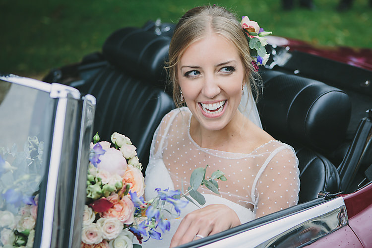 Bride Bridal Sweetheart Neckline Polka Dot Jacket Vintage Car Bouquet Peony Rose Eucalyptus Pretty Country Gin Wedding http://www.victoriasomersethowphotography.co.uk/