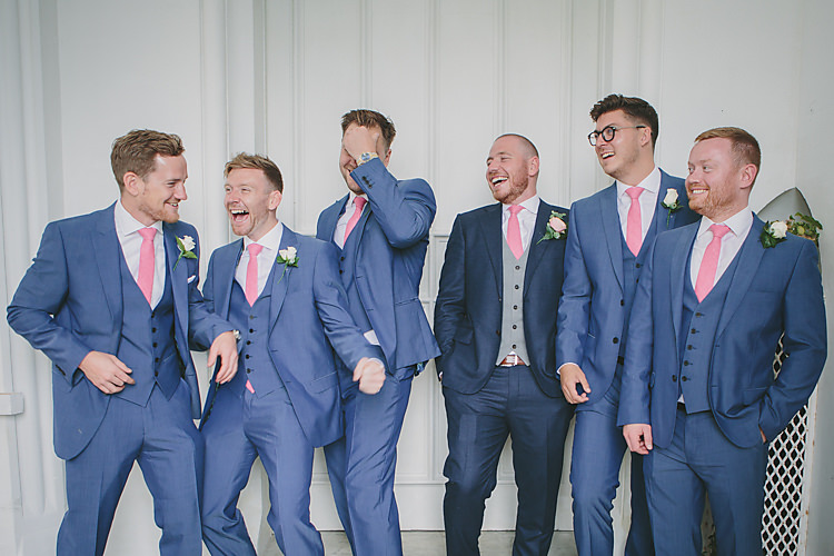 Groom Groomsmen Suitsupply RAF Navy Blue Three Piece Waistcoat Pink Tie Pretty Country Gin Wedding http://www.victoriasomersethowphotography.co.uk/