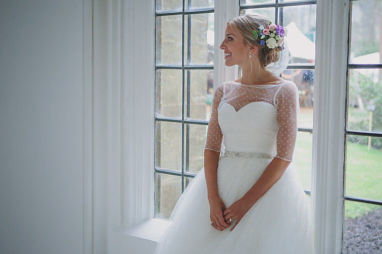 Bride Bridal Pronovias Gown Dress Sweetheart Neckline Princess Polka Dot Jacket Hair Up Do Flowers Diamante Belt Pretty Country Gin Wedding http://www.victoriasomersethowphotography.co.uk/