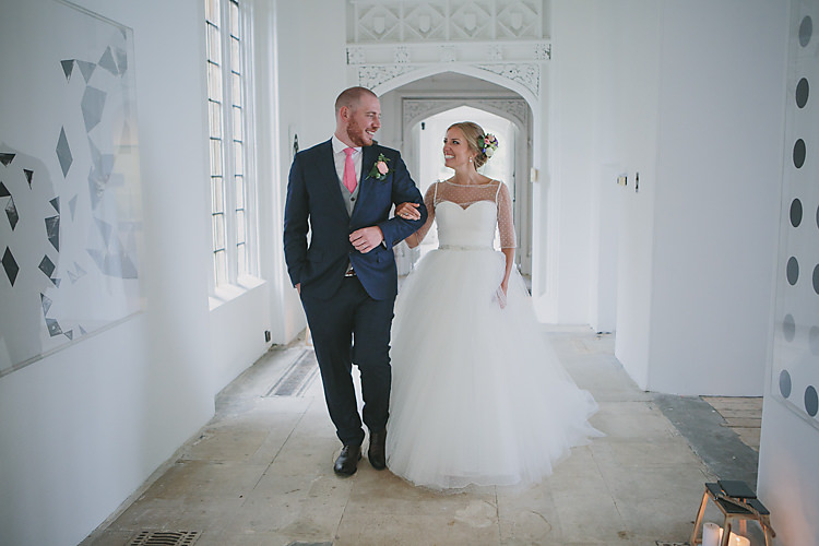 Confetti Bride Bridal Pronovias Gown Dress Sweetheart Neckline Princess Polka Dot Jacket Veil Suitsupply Groom Three Piece Waistcoat Navy Suit Grey Pink Tie Pretty Country Gin Wedding http://www.victoriasomersethowphotography.co.uk/