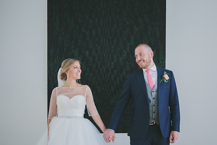 Confetti Bride Bridal Pronovias Gown Dress Sweetheart Neckline Princess Polka Dot Jacket Veil Suitsupply Groom Three Piece Waistcoat Navy Suit Grey Pink Tie Pretty Country Gin Wedding http://www.victoriasomersethowphotography.co.uk/
