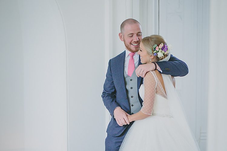 Confetti Bride Bridal Pronovias Gown Dress Sweetheart Neckline Princess Polka Dot Jacket Veil Suitsupply Groom Three Piece Waistcoat Navy Suit Grey Pink Tie Pretty Country Gin Wedding http://www.victoriasomersethowphotography.co.uk/