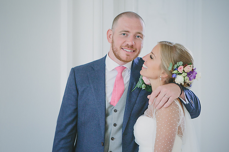Confetti Bride Bridal Pronovias Gown Dress Sweetheart Neckline Princess Polka Dot Jacket Veil Suitsupply Groom Three Piece Waistcoat Navy Suit Grey Pink Tie Pretty Country Gin Wedding http://www.victoriasomersethowphotography.co.uk/