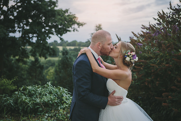 Confetti Bride Bridal Pronovias Gown Dress Sweetheart Neckline Princess Polka Dot Jacket Veil Suitsupply Groom Three Piece Waistcoat Navy Suit Grey Pink Tie Pretty Country Gin Wedding http://www.victoriasomersethowphotography.co.uk/
